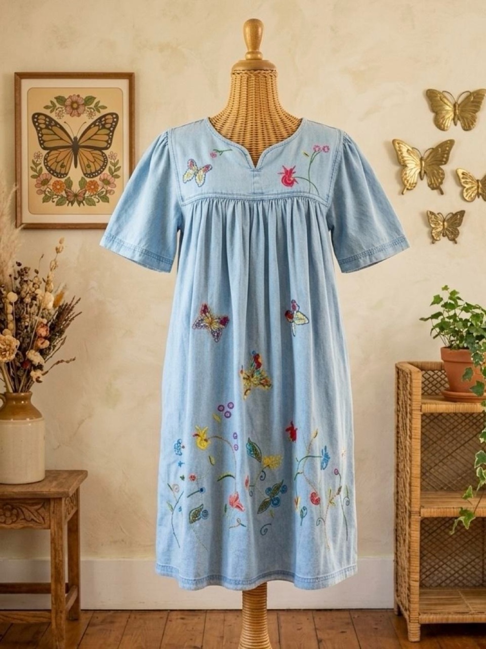 Vintage Units Fashions New York Floral Butterfly Denim Jean Cottage Dress
